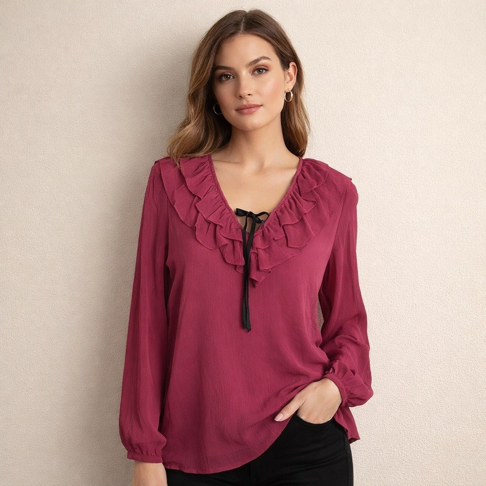 LOFT- Tie Neck Ruffle Blouse Size S‎